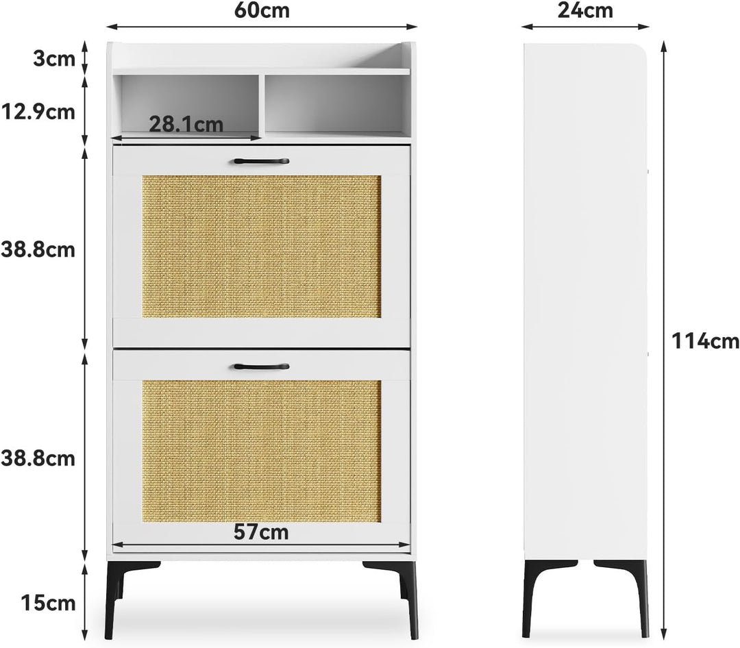Dripex Schuhschrank schmal, Schuhkipper mit Rattan-Dekor, mit 2 Flip-Schubladen,Schuhregal schmal mi