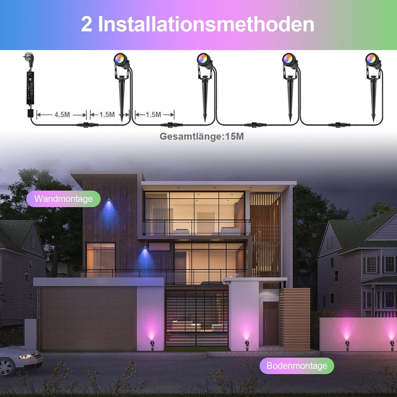 Greenclick Gartenbeleuchtung LED 15m 4er RGB Gartenstrahler mit Strom Erdspiess 12V 3W 1200lm Farbig