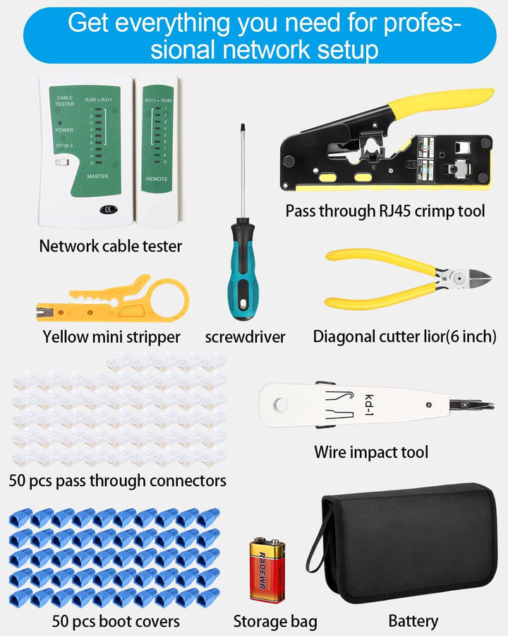 Netzwerk Werkzeug Set Pass Through RJ45 Crimpzange Cat5 6 7 mit Tester | Abisolierzange + 50x Cat6 S