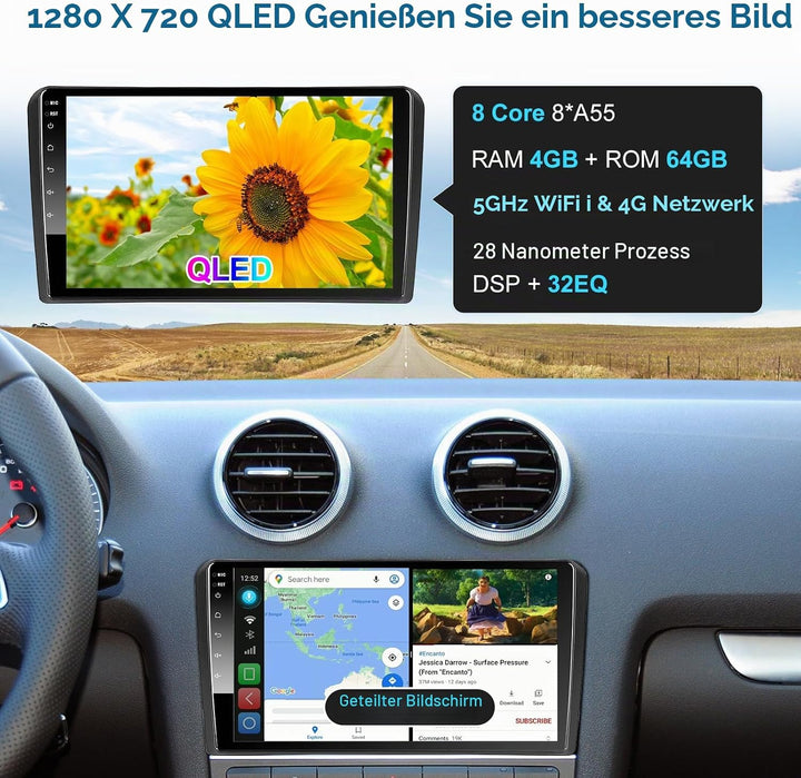 Android Autoradio mit Navi Bildschirm Carplay Android Auto für Audi A3 S3 RS3 2003-2012,9 Zoll 4GB+6