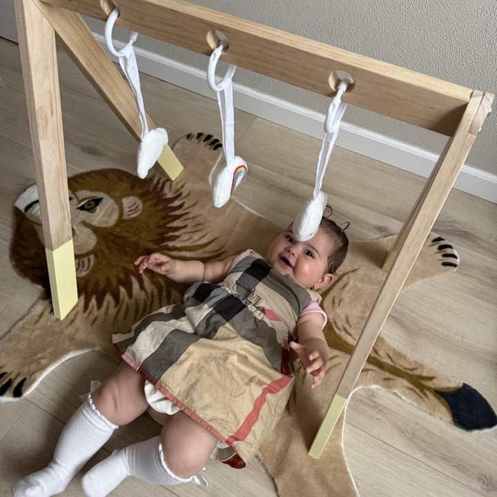 Liefjes &amp; Co Baby Spielbogen aus Holz – Spieltrapez mit Hängespielzeug: Regenbogen, Mond &amp; Wolke – B