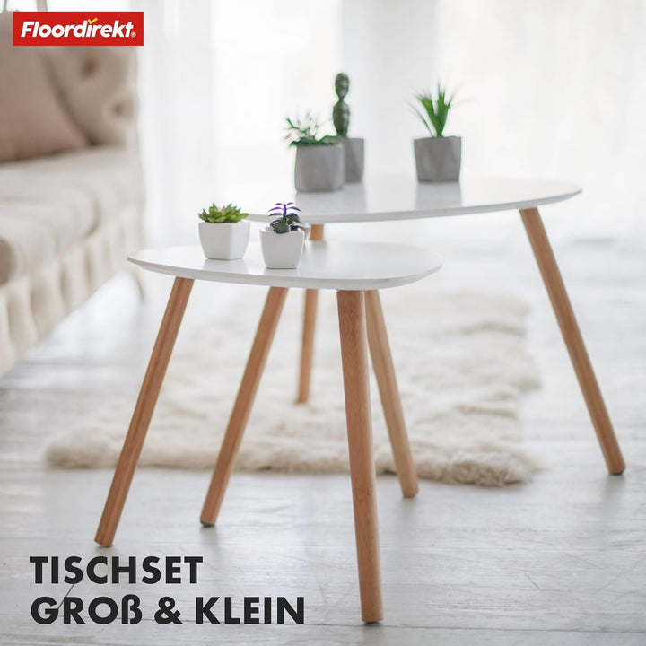 Floordirekt 2er Set Couchtisch in Weiss, Beistelltisch aus Holz, Wohnzimmertisch rund, Kleiner Sofa