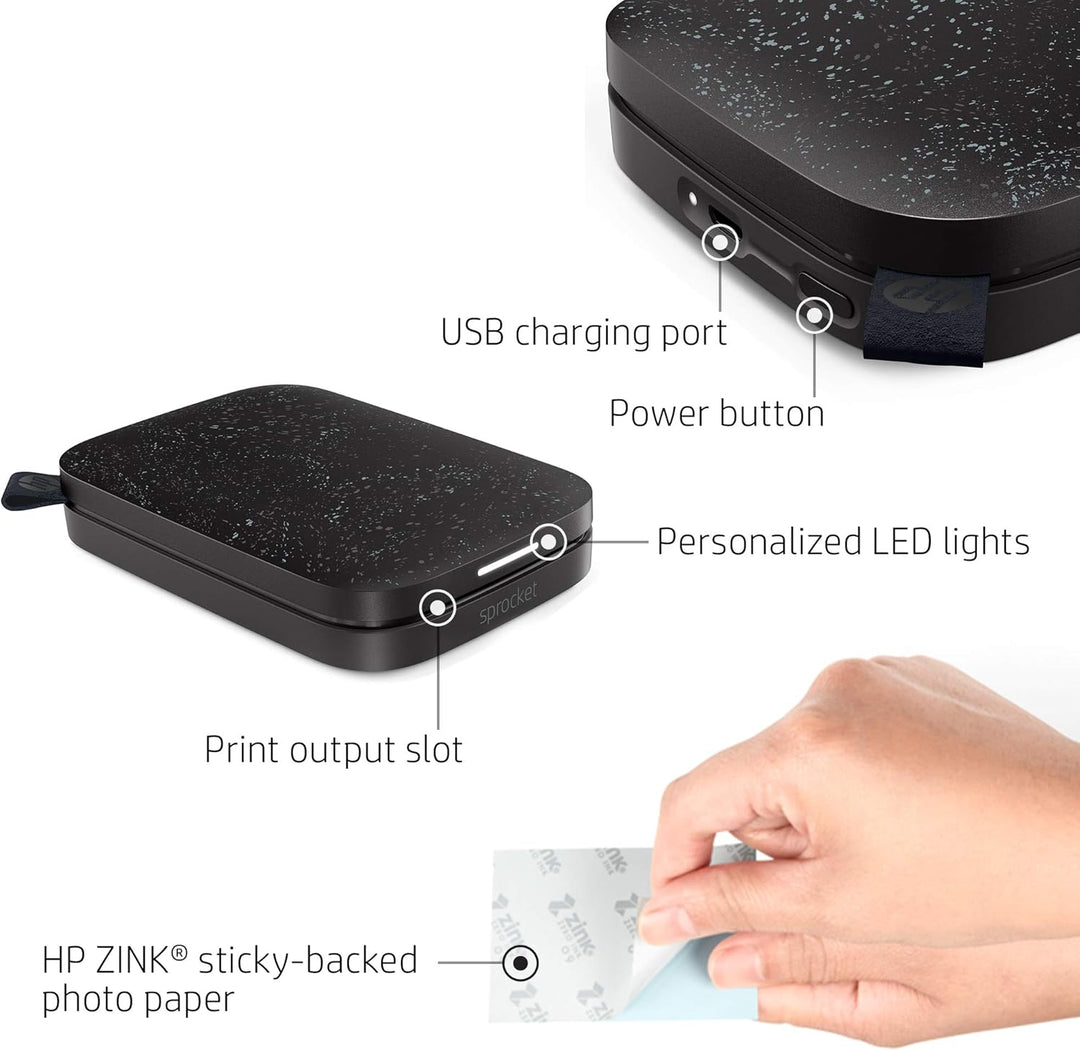 HP Sprocket Portable 2x3 Zoll Sofortbilddrucker (Schwarz) Zink-Papierbündel, Schwarz
