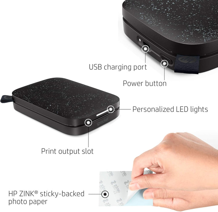 HP Sprocket Portable 2x3 Zoll Sofortbilddrucker (Schwarz) Zink-Papierbündel, Schwarz