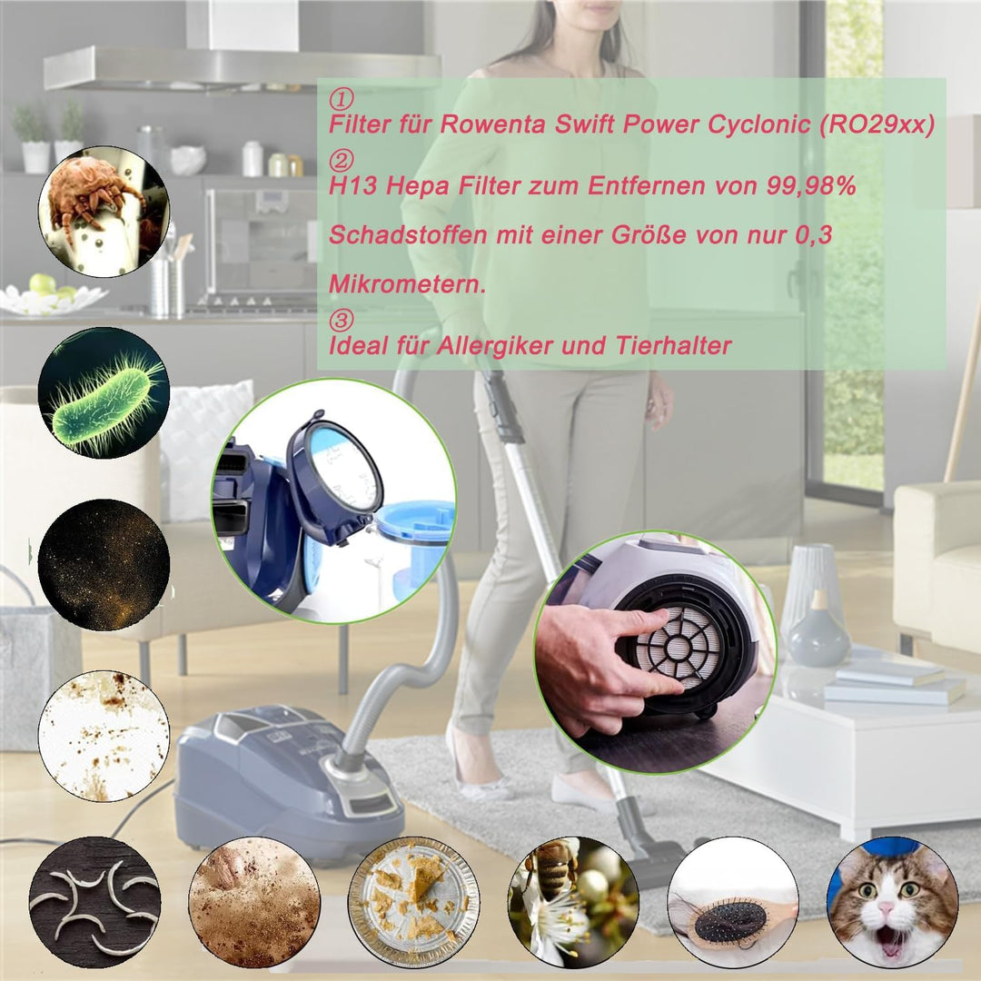 2 Stück HEPA Filter Set für Rowenta Swift Power Cyclonic RO29xx Staubsauger Filter RO2910EA RO2913EA