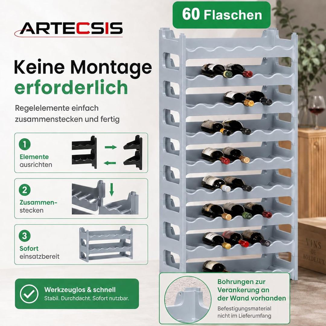 ARTECSIS Weinregal stapelbar Kunststoff für 60 Flaschen, stabiles Flaschenregal in Gastronomie-Quali