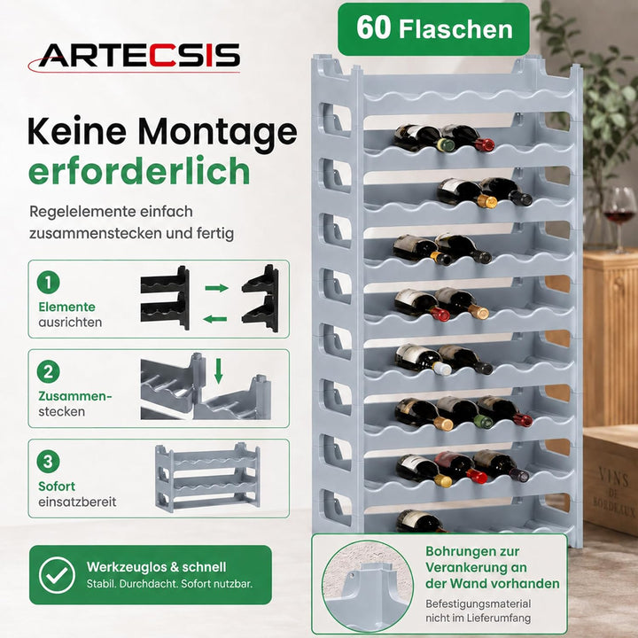 ARTECSIS Weinregal stapelbar Kunststoff für 60 Flaschen, stabiles Flaschenregal in Gastronomie-Quali