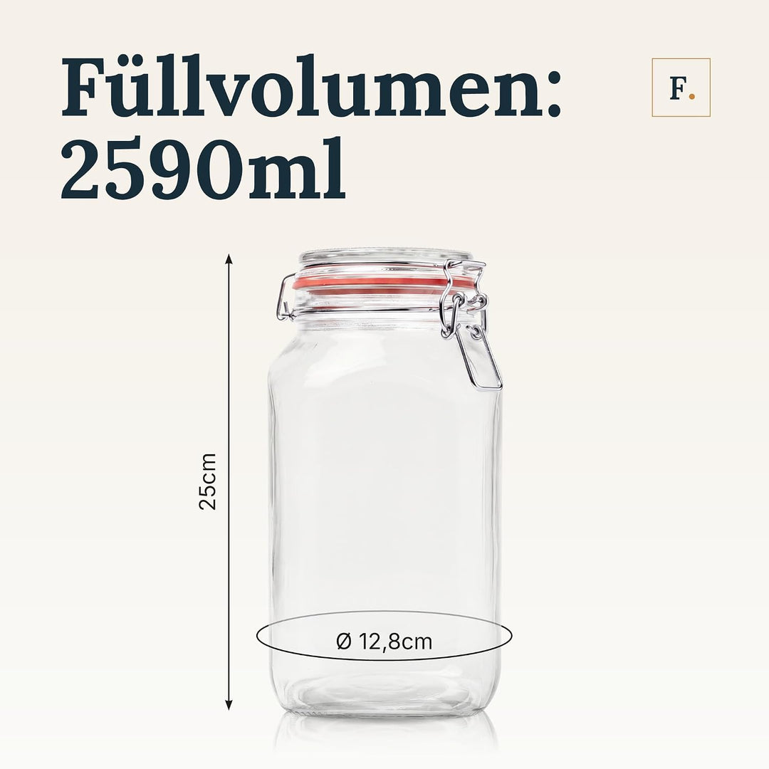 Flaschenbauer- 3 Drahtbügelgläser 2590ml verwendbar als Einmachglas und Fermentierglas, zu Aufbewahr