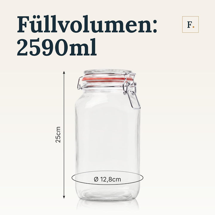 Flaschenbauer- 3 Drahtbügelgläser 2590ml verwendbar als Einmachglas und Fermentierglas, zu Aufbewahr