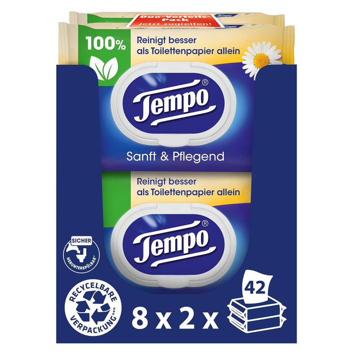 TEMPO Feuchtes Toilettentuch, Sanft&amp;pflegend, 16 Stück, Grosspackung 16 Pack x 42 Tücher Sanft &amp; Sen