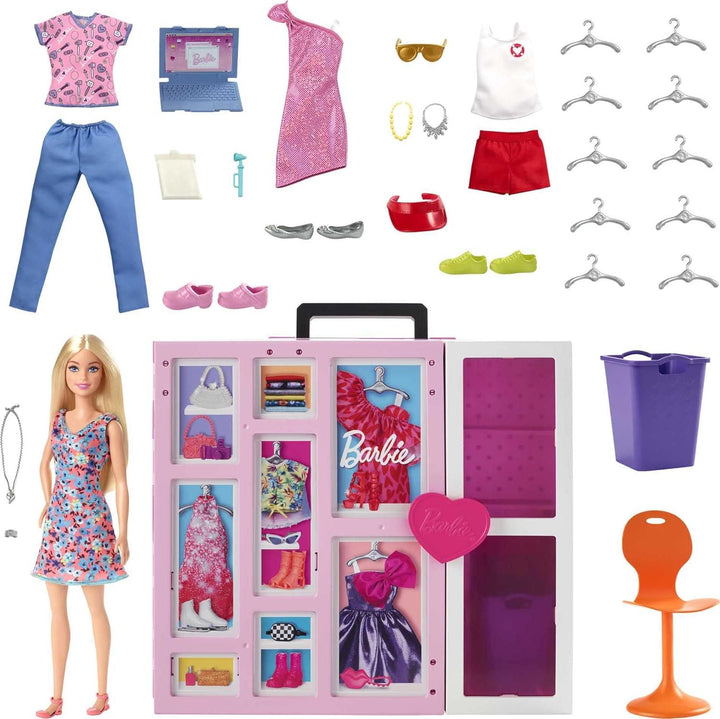 Barbie HGX57 - Traum-Kleiderschrank mit Puppe (blond), Kleidung und diversen Zubehör-Teilen für toll