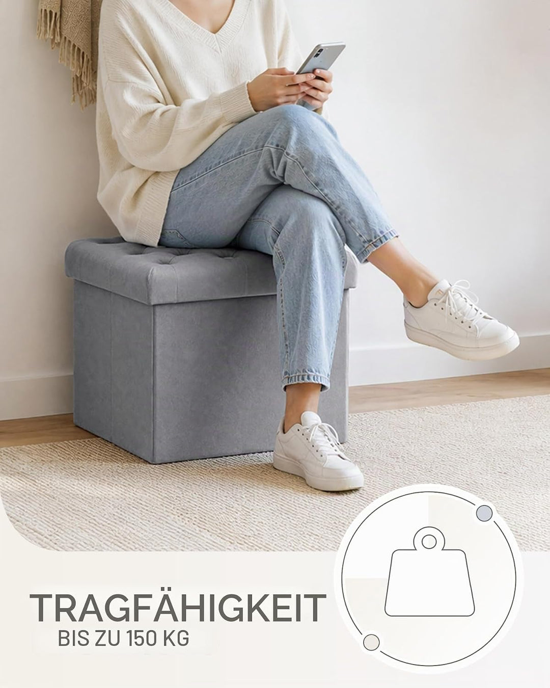 Bonlife Faltbarer Sitztruhe mit Stauraum,Samt Sitzwürfel Couch Hocker,Aufbewahrungsbox mit Deckel,Fu