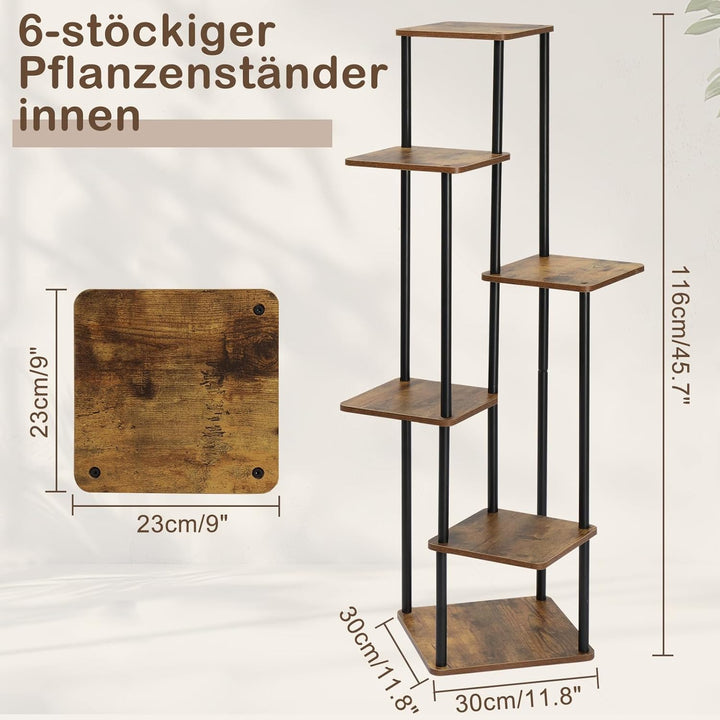 Bonnlo Stabiler Pflanzenständer, 6-Etagen aus Eisen-Holz, Platzsparend, Pflanzenregal für Balkon, Wo