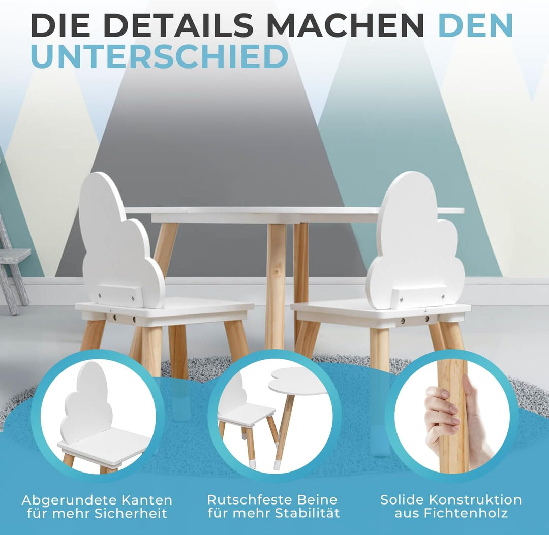 Rebecca Mobili Kindertisch und Stühle Set, Stühle und Tisch für Kinderzimmermöbel Hellbraun Weiss, M