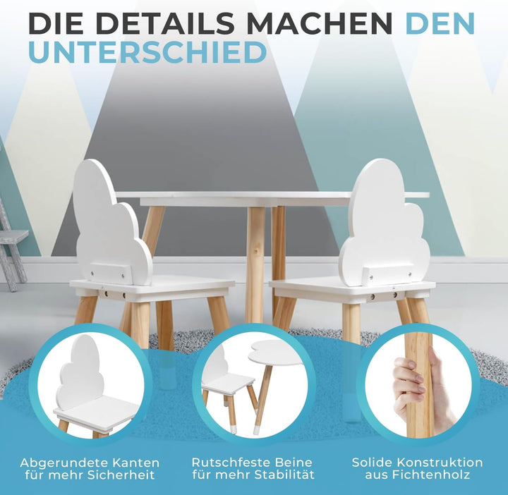 Rebecca Mobili Kindertisch und Stühle Set, Stühle und Tisch für Kinderzimmermöbel Hellbraun Weiss, M