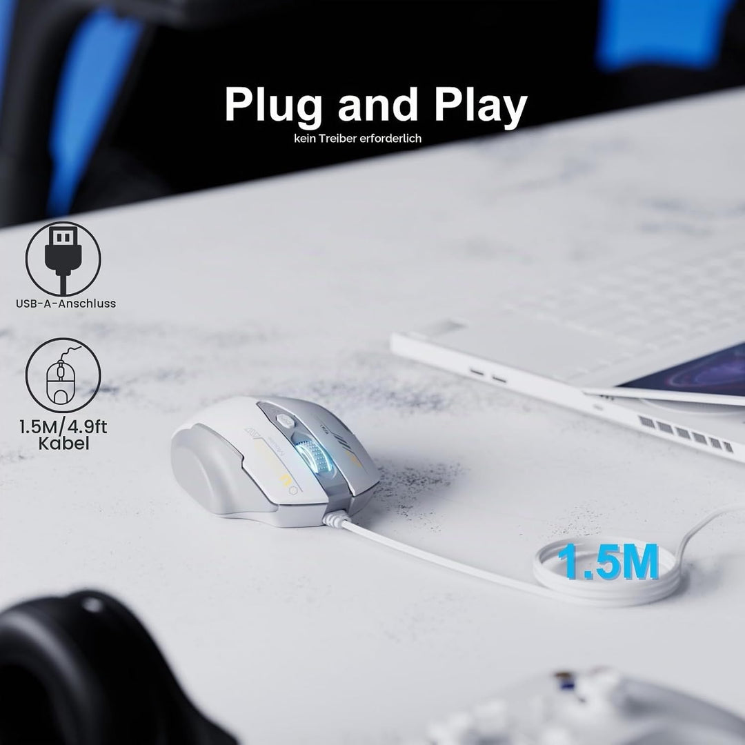 Uineer Maus Mit Kabel, ergonomisches Design, bis zu 7200 DPI einstellbar mit 6 Tasten, Computer Maus