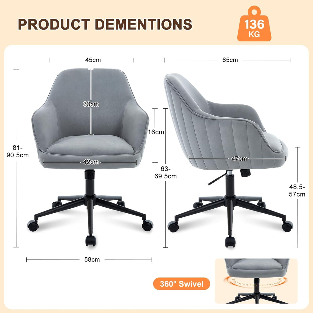 Bürostuhl Homeoffice Samt Schminktischstuhl bis 136 kg Belastbar Ergonomischer Höhenverstellbar Dreh