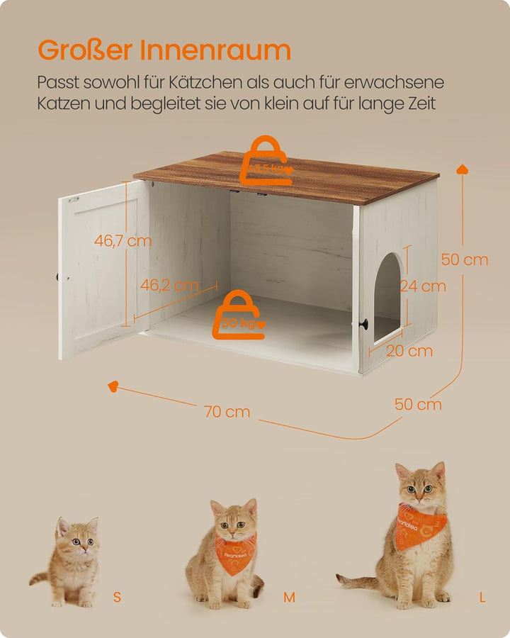 Feandrea Katzenhaus, Katzenklo-Schrank, Tisch, 70 x 50 x 50 cm, honigbraun-vintageweiss PCL022K02 50