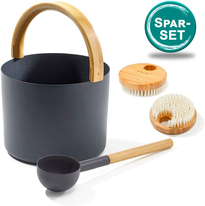 SET> KOLO Sauna Kübel 2 + Kelle + 2x Bürste/Saunaset/Saunaeimer und Kelle in Schwarz, Schwarz