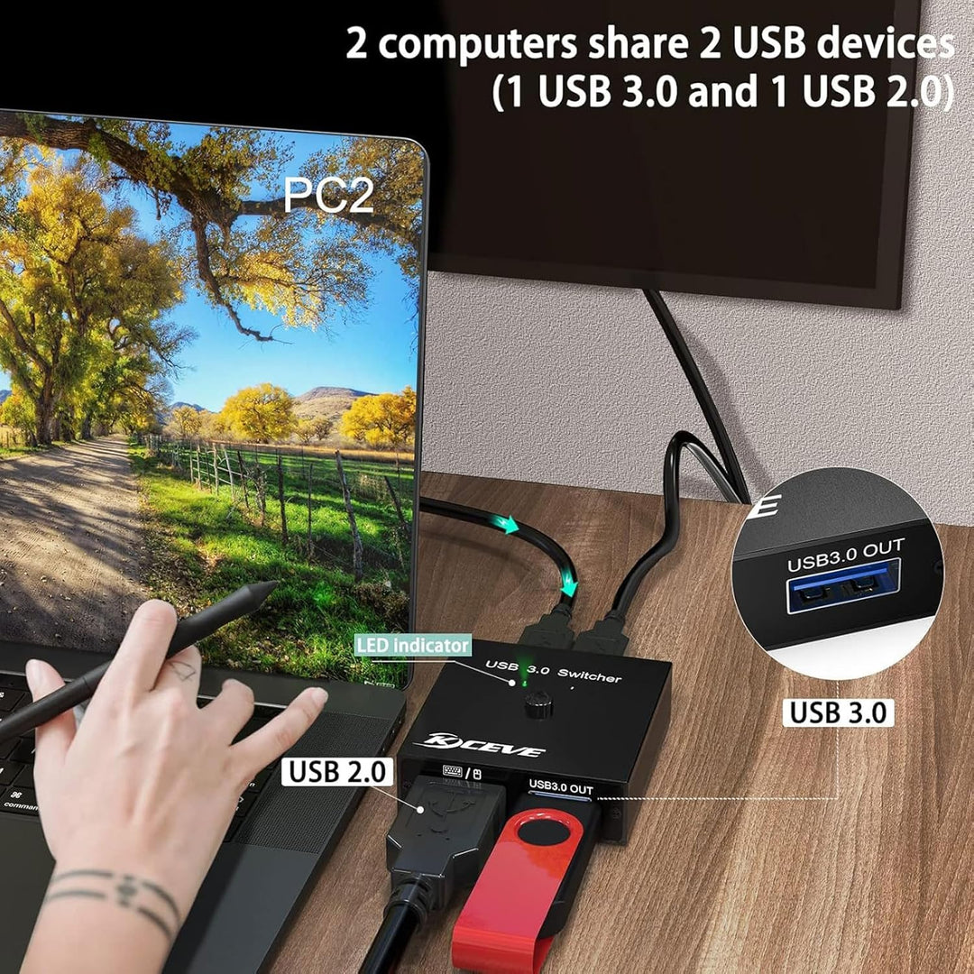 USB Switch für 2 PC, USB Switch 2 in 2 out zum Teilen von Maus, Tastatur, Drucker, U-Disk zwischen 2