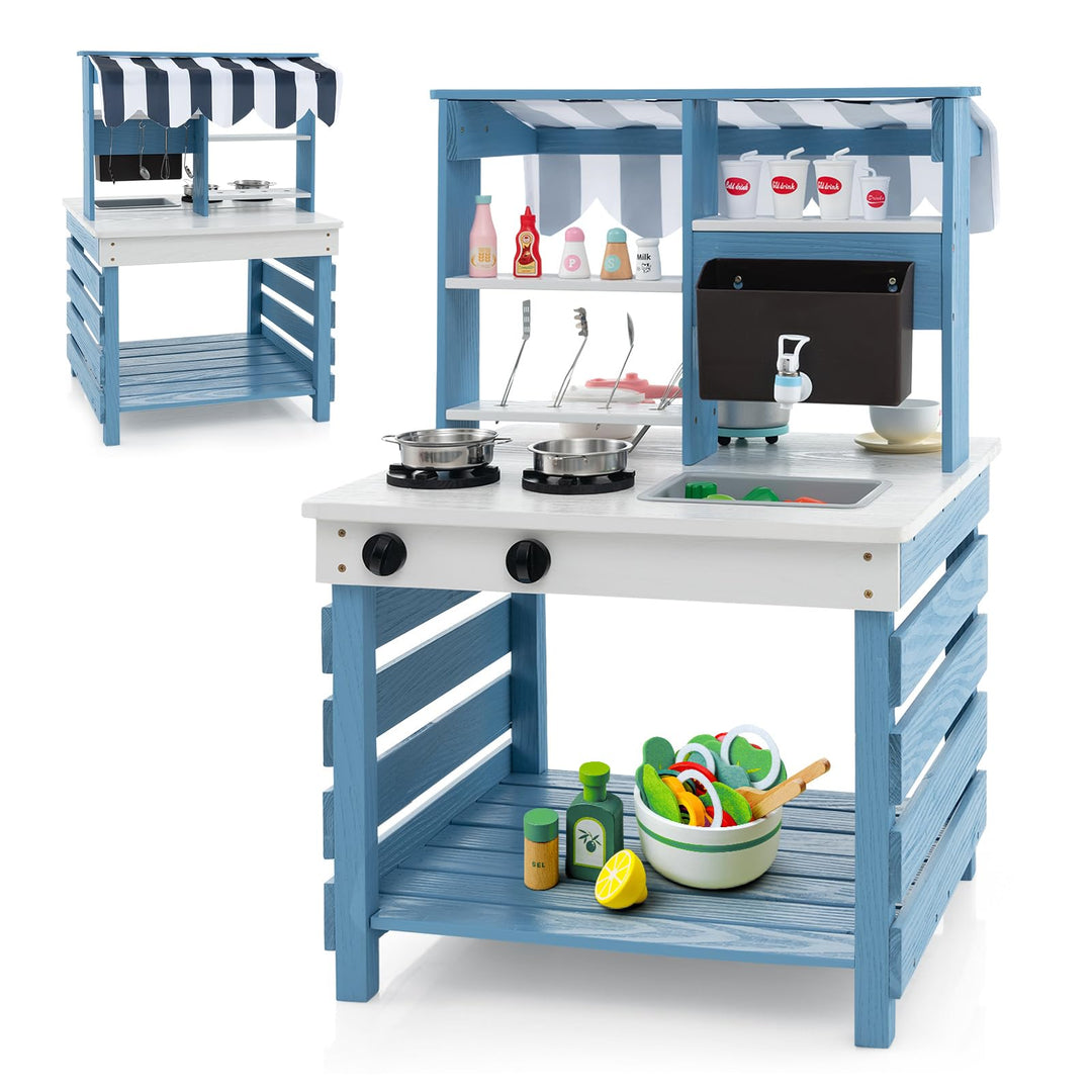 COSTWAY Matschküche Kinder Outdoor, Kinderküche Tannenholz mit Wasserfunktion, Doppelseitige Spielkü