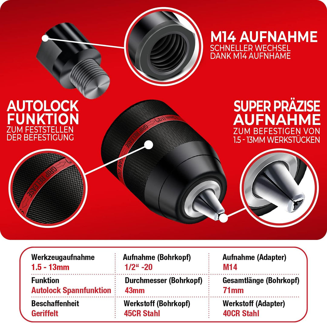 SCHWABENBACH ® 1,5-13mm Schnellspannbohrfutter 1/2-20UNF inkl. M14 Adapter für Winkelschleifer - Sch