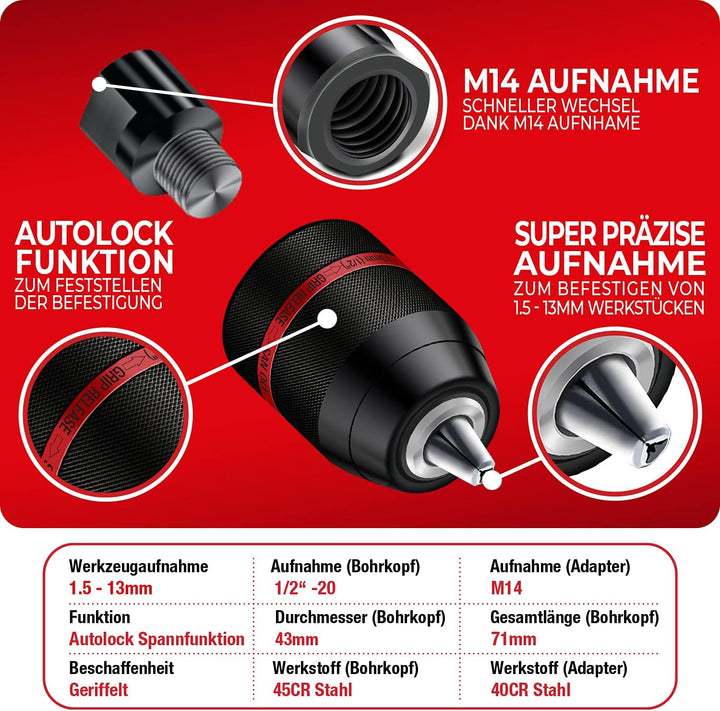 SCHWABENBACH ® 1,5-13mm Schnellspannbohrfutter 1/2-20UNF inkl. M14 Adapter für Winkelschleifer - Sch