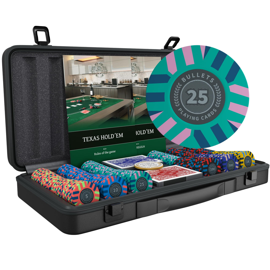 Bullets Playing Cards | Pokerkoffer „Salvatore“ mit 300 Clay Pokerchips 10g | Pokerset mit Karten, W