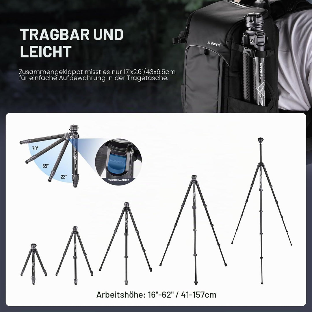 NEEWER LITETRIP LT32 62" Reisestativ aus Kohlefaser mit ±15° nivellierbar 360° Panoramakopf abnehmba