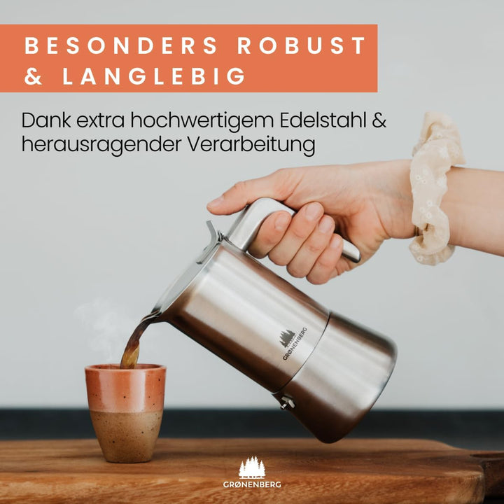 Groenenberg Espressokocher Induktion geeignet | Edelstahl | 4-6 Tassen Espressokanne | 200-300 ml Mo