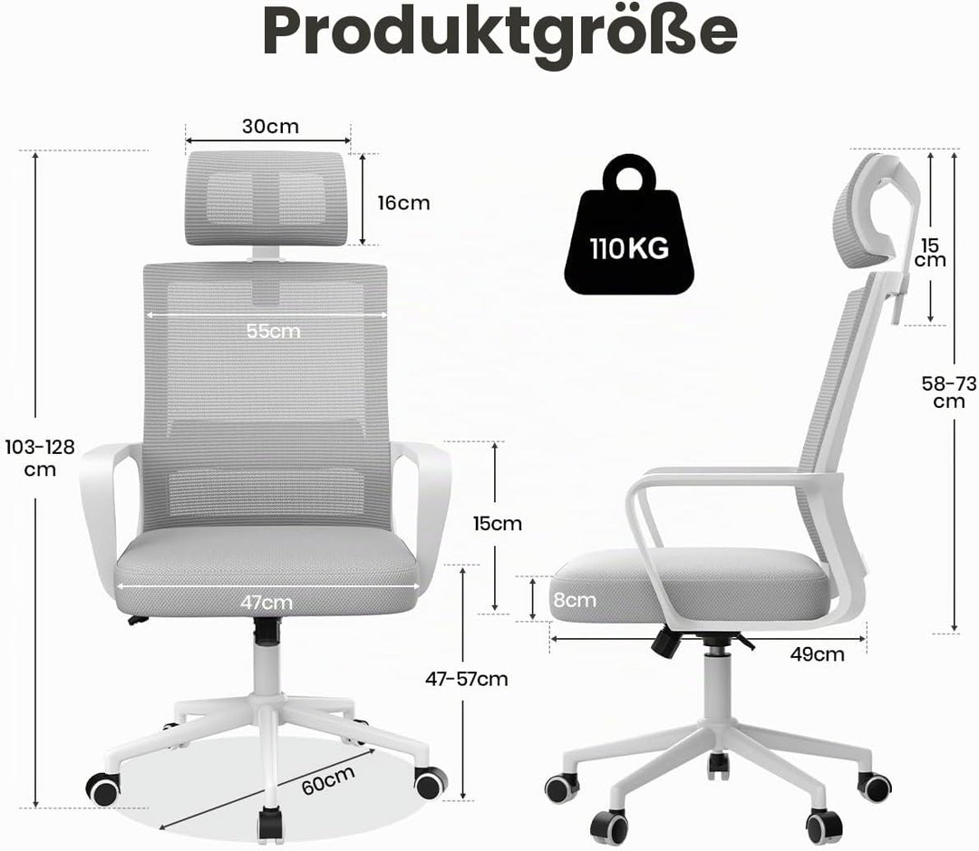 naspaluro Ergonomischer Bürostuhl, Schreibtischstuhl mit Verstellbarer Kopfstütze, Atmungsaktiver Ne