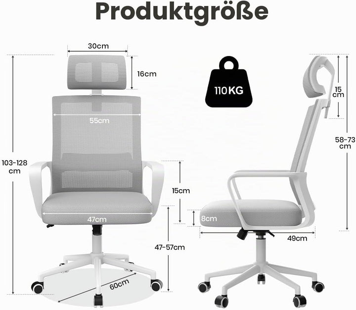 naspaluro Ergonomischer Bürostuhl, Schreibtischstuhl mit Verstellbarer Kopfstütze, Atmungsaktiver Ne