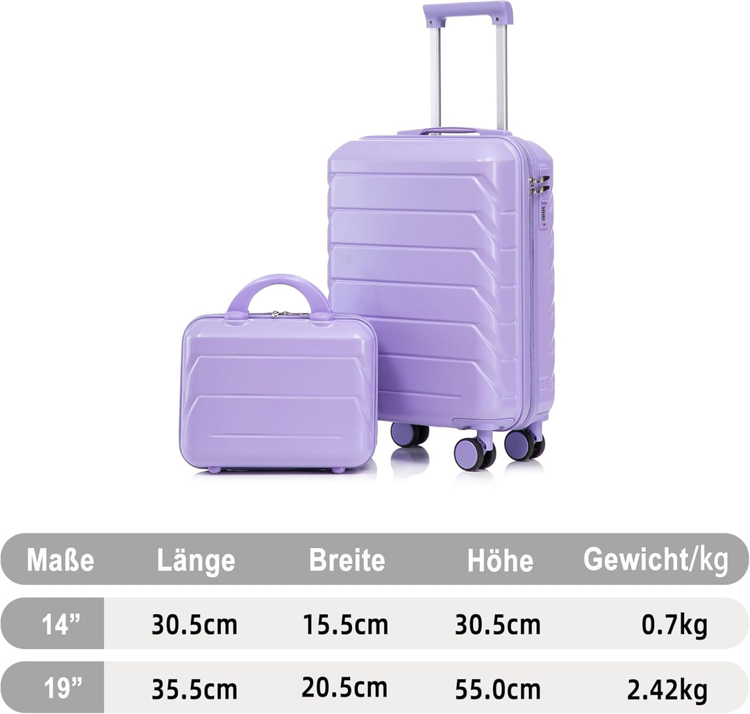 Hartschalen-Koffer Trolley Handgepäck Rollkoffer, Reisekoffer Set mit 4 Rollen, 2er Gepäckset Lila L