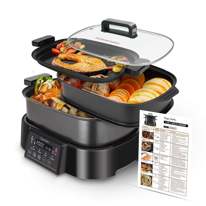 Taylor Swoden Arthur Dampfgarer mit Timer, Ultrakompakter Dampfgarer mit 3 Einschüben, BPA-frei, Pro
