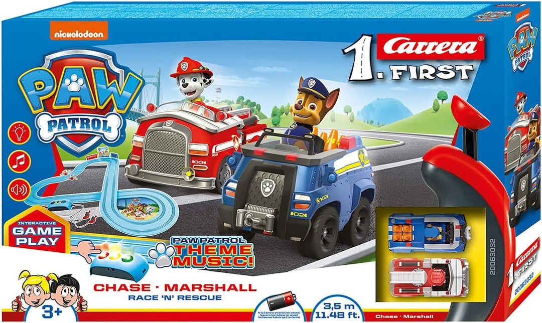 Carrera First PAW Patrol Race 'N' Rescue 2,4m Rennstrecken-Set | 2 ferngesteuerte Fahrzeuge mit Chas