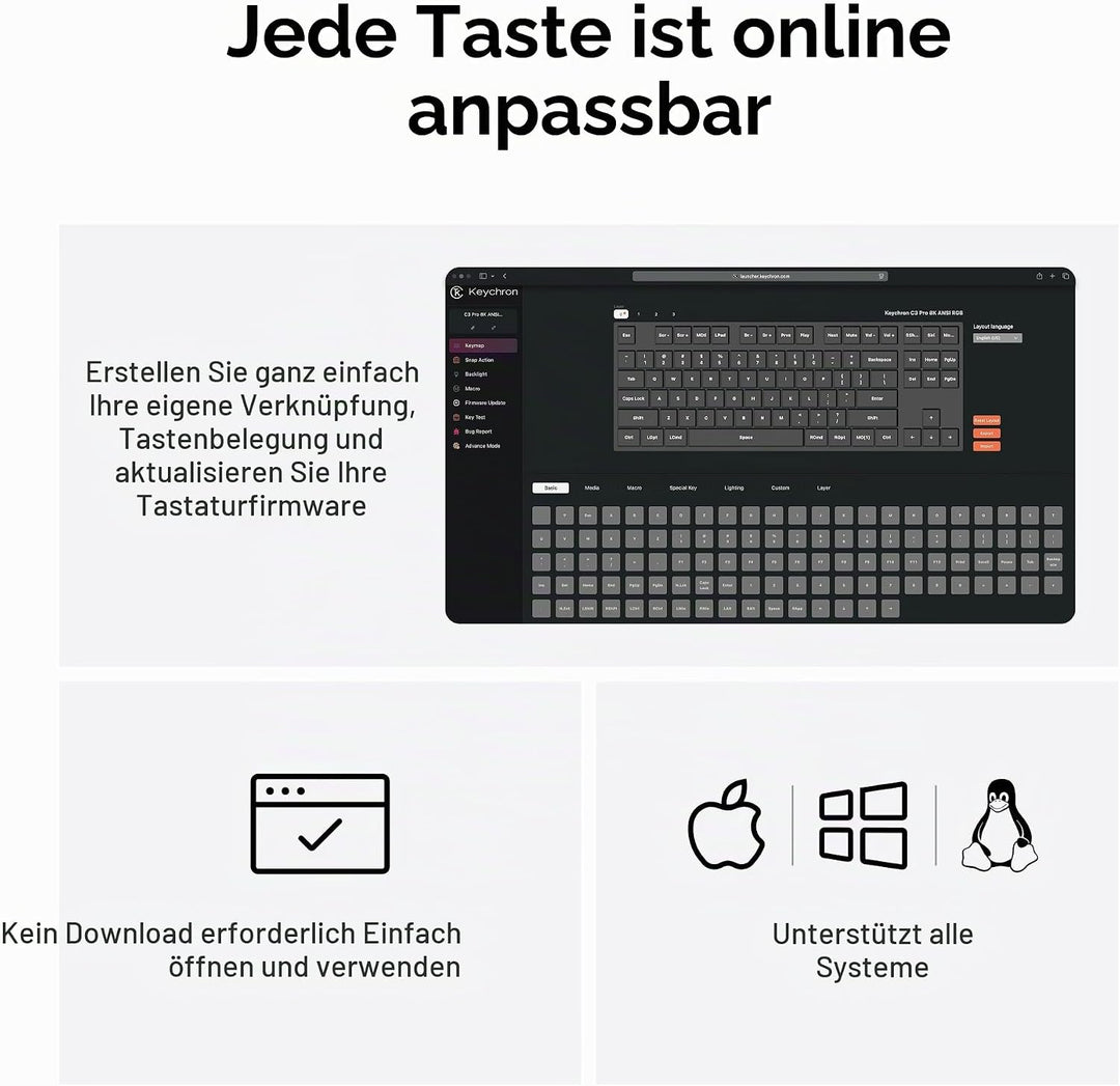 Keychron C3 Pro QMK/VIA Trådbundet Mekaniskt Tangentbord, Programmerbart, DE-ISO TKL Layout 87 Tange