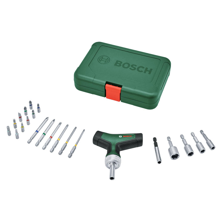 Bosch Bit-Ratschenschraubendreher T-Griff Set, 22-tlg. (max. Drehmoment 46 Nm; Getriebe mit 36 Zähne