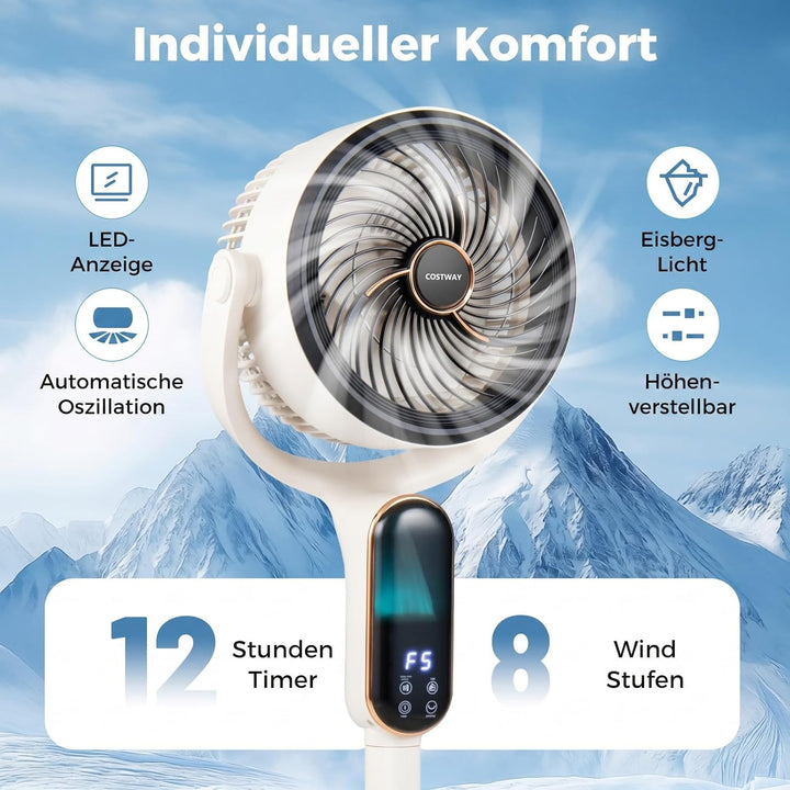 COSTWAY Standventilator leise mit Fernbedienung, 54-96 cm höhenverstellbar | Bodenventilator mit 8 S
