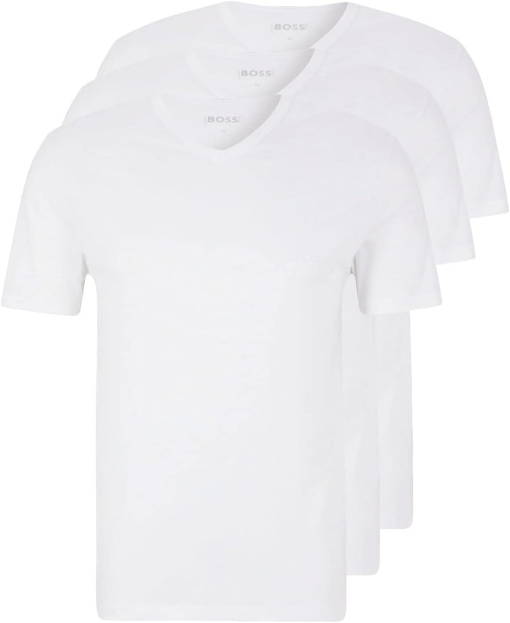 BOSS Herren Classic T-Shirts Kurzarm Shirts Pure Cotton V-Neck 3er Pack, Farbe:Weiss, Artikel:-100 W