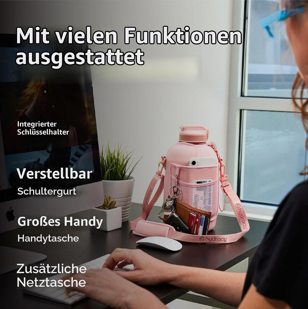 Hydracy Trinkflasche mit Hülle mit Taschen - 2,3L Trinkflasche mit Strohhalm und Henkel - Wasserflas