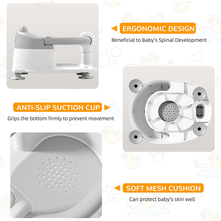Badewannensitz Baby ab 6 Monate, Bär Rutschfester Badesitz Baby mit 4 Saugnäpfen und Kissen für Klei
