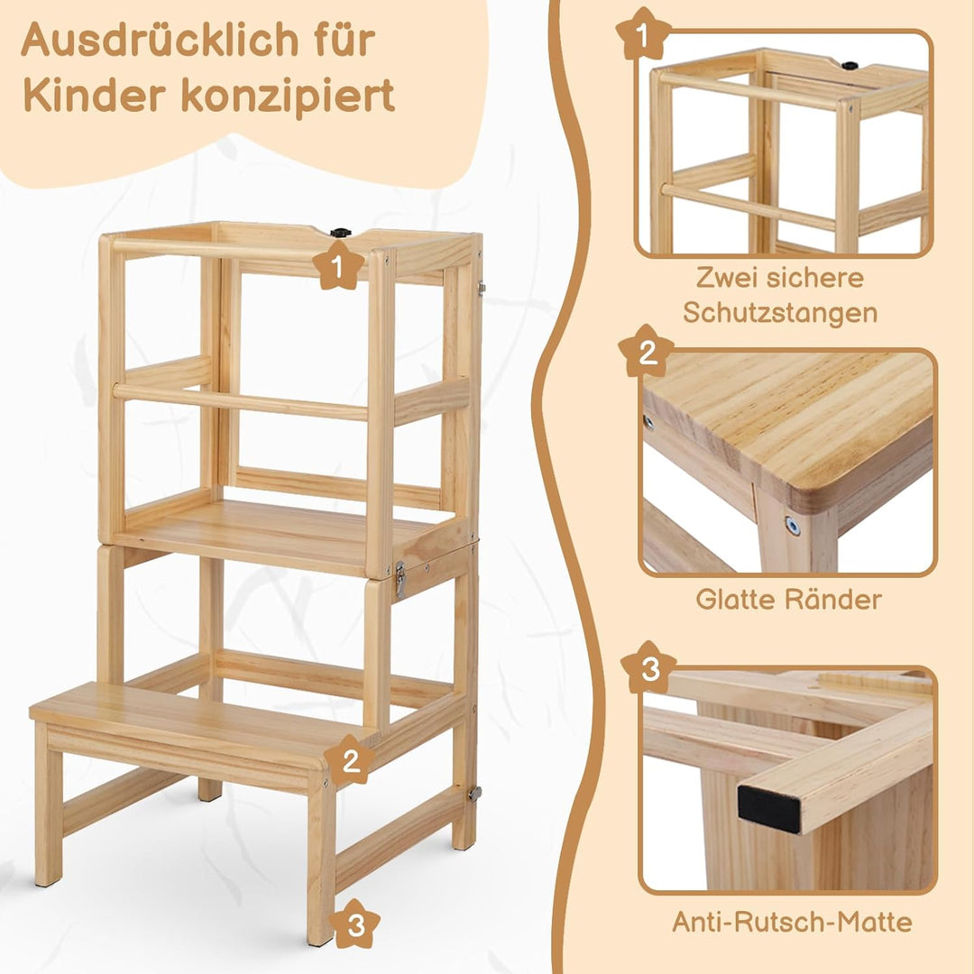 LEADZM Montessori Lernturm ab 18 Monaten - Lernstuhl für Kinder aus Massivholz, Klappbarer Lernturm,