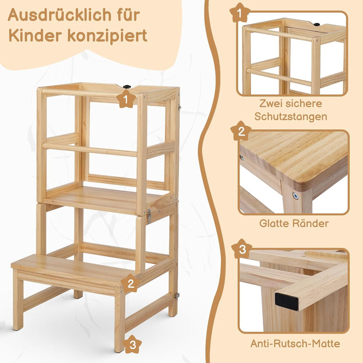 LEADZM Montessori Lernturm ab 18 Monaten - Lernstuhl für Kinder aus Massivholz, Klappbarer Lernturm,