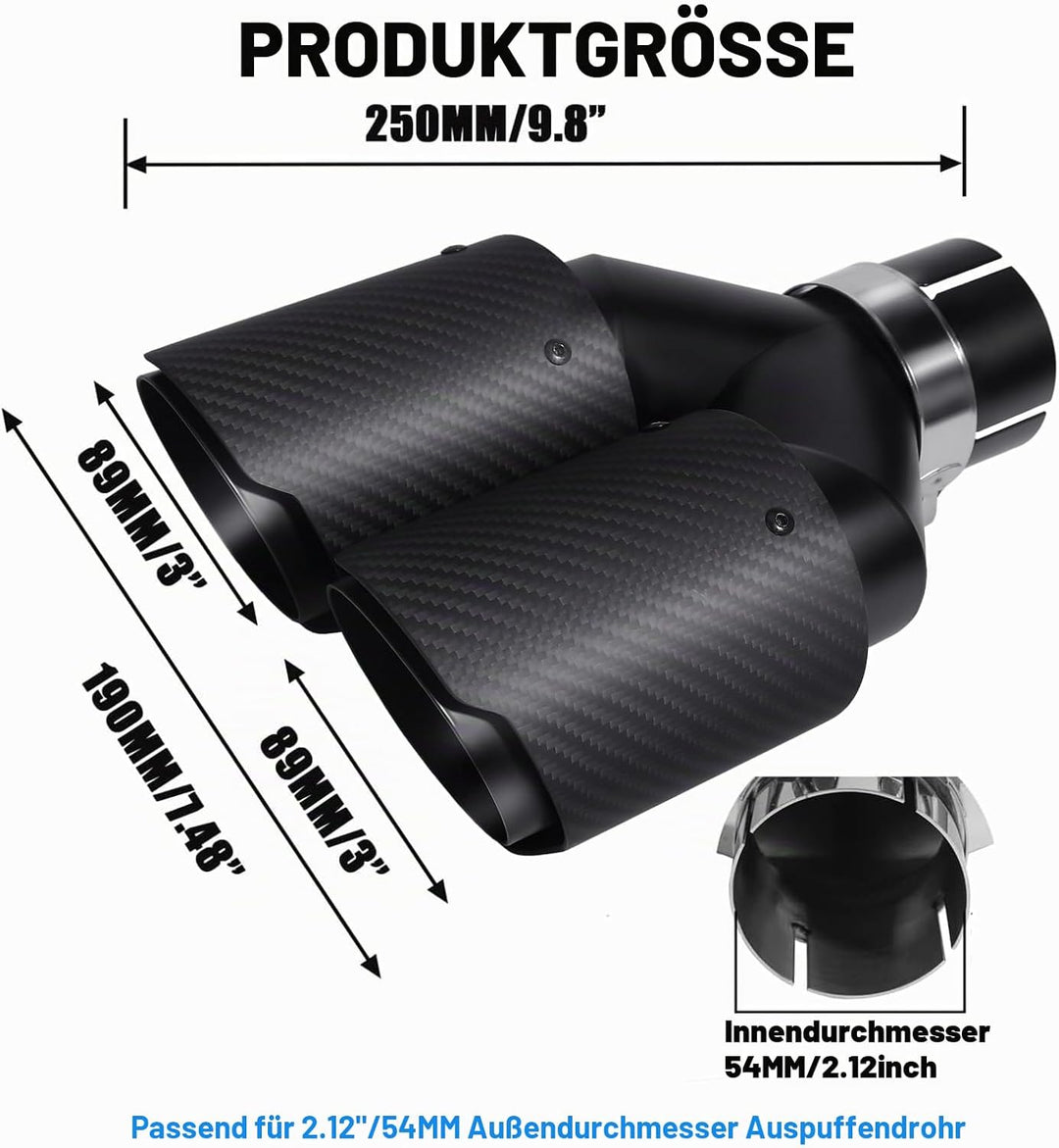 54mm Auspuffspitzen Auspuff Edelstahl und Glänzende Kohlefaser Auto Auspuff Endrohr, Einlass 2,1" Au