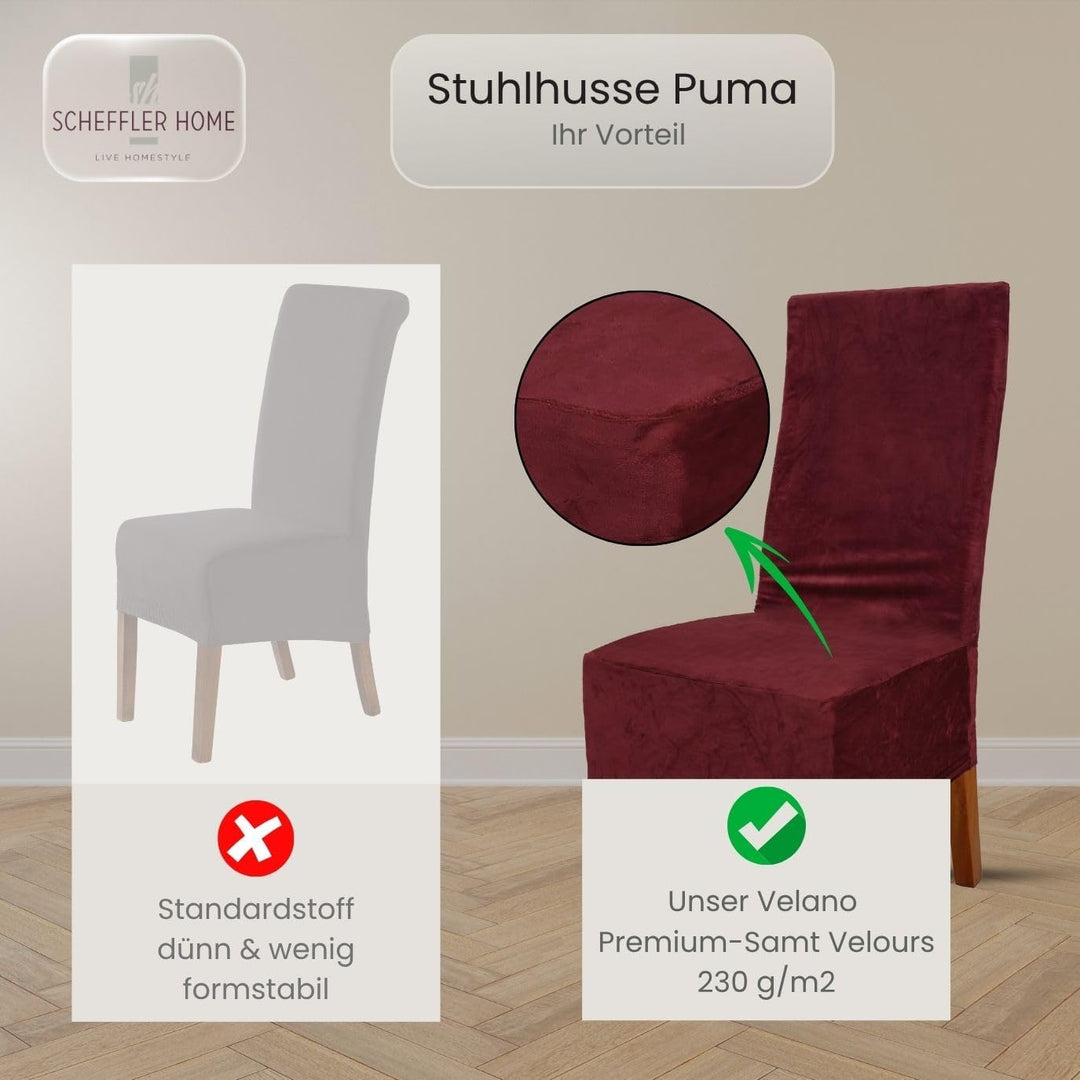 SCHEFFLER-Home Stretch Stuhlhussen Samt Puma Velvet/Velours Stuhlhussen Bordeaux 6er Set/Stuhlabdeck
