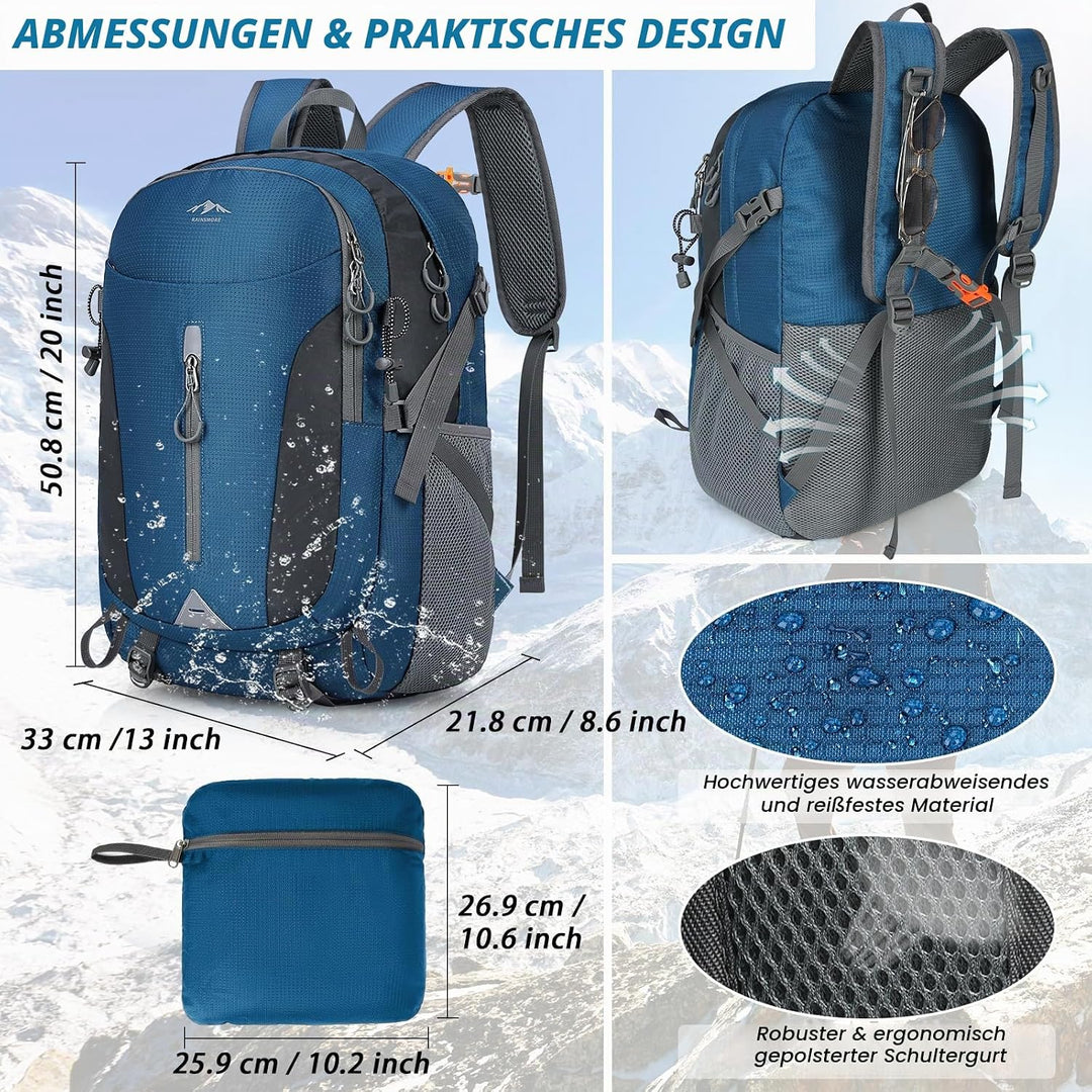 RAINSMORE Wanderrucksack Herren Damen 40L Wasserdichter Rucksack Leichter Faltbarer Reiserucksack Gr