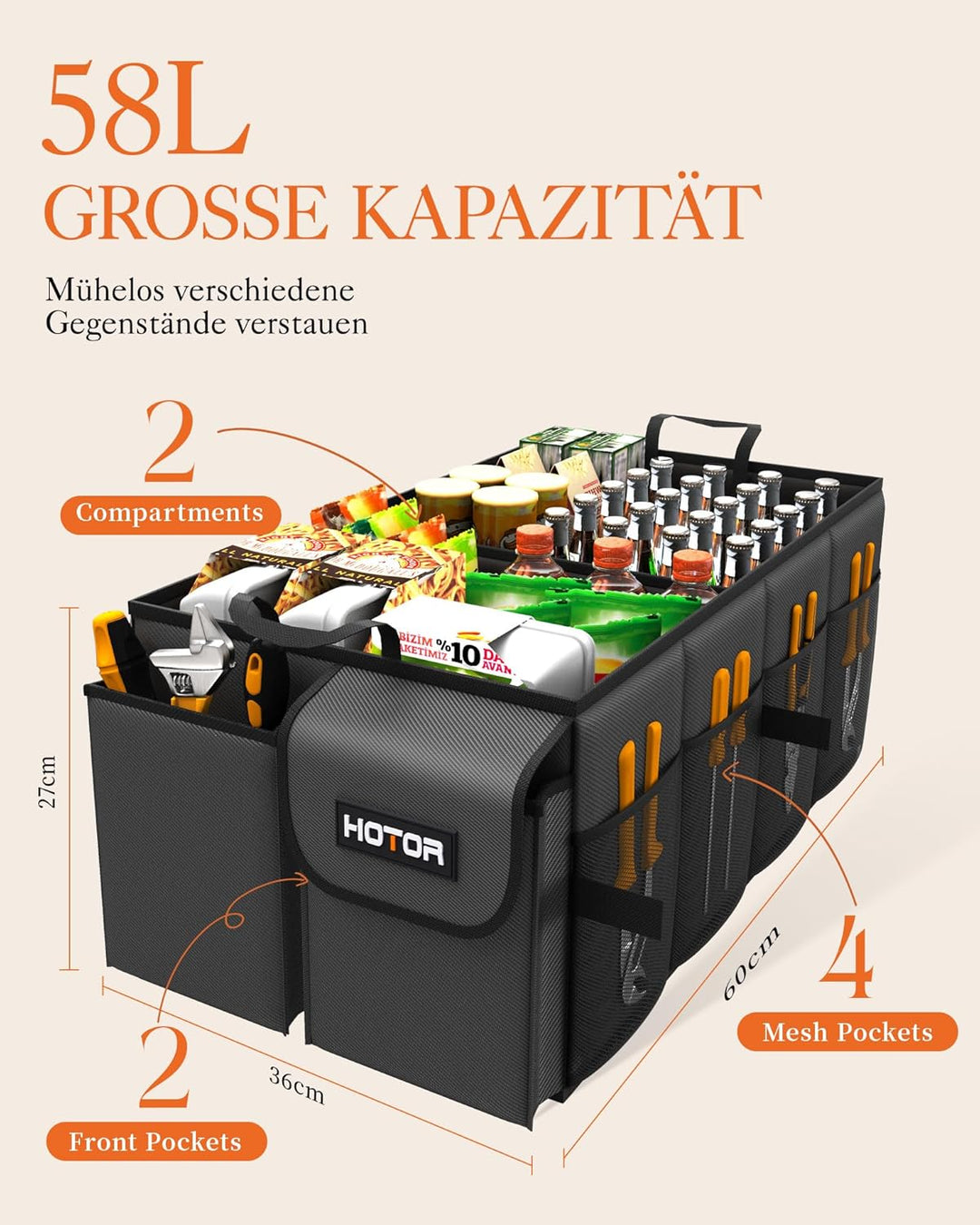 HOTOR Kofferraum Organizer – Faltbarer Auto Kofferraum Organizer mit 2 Fächern, Stabiler Auto Organi