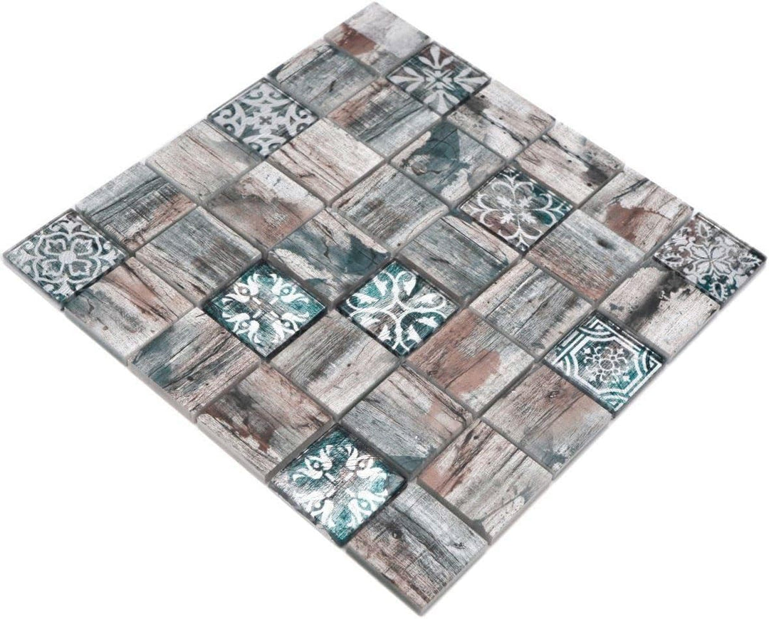 Mosaikfliese Glasmosaik Medio Vintage Patchwork grau braun pastell grün Holzoptik Ornament Küchenrüc
