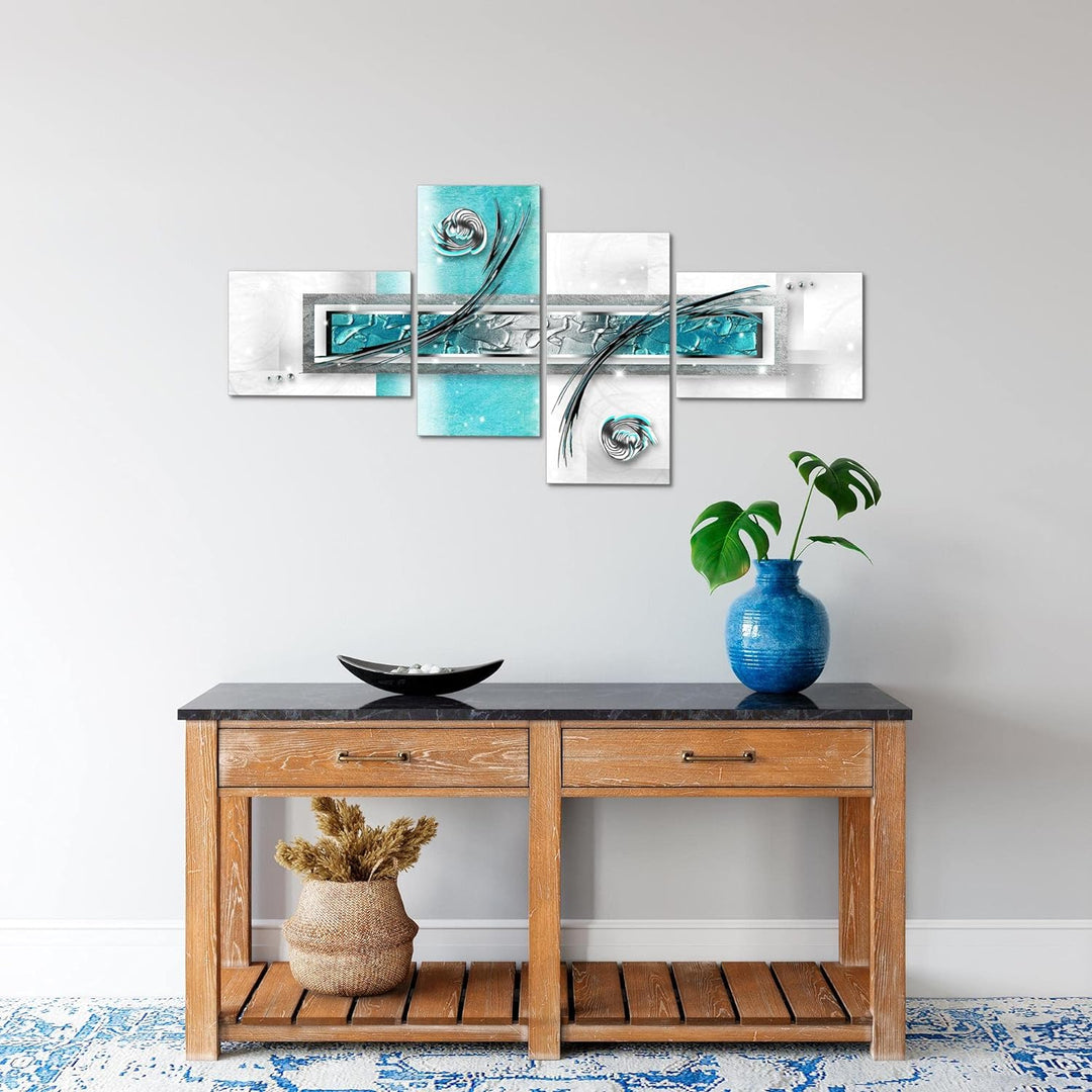 Runa Art Bild Modern Abstrakt - Made in Germany - Wandbilder Grau Türkis Blau 4 Teilig 108142a 100 x