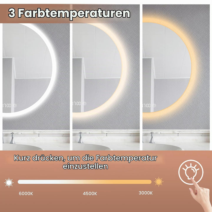 Habison Rund LED Badspiegel mit Beleuchtung 70 x 70cm LED Badezimmerspiegel Wandspiegel mit Uhrzeit